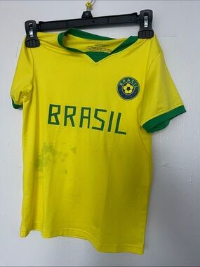Kids Yellow Brasil Soccer Jersey with Green Trim